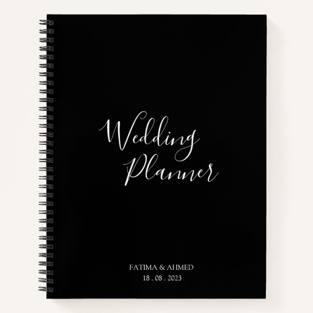 Moderner Minimal Script Black Muslim Wedding Plann Notizbuch (Vorderseite)