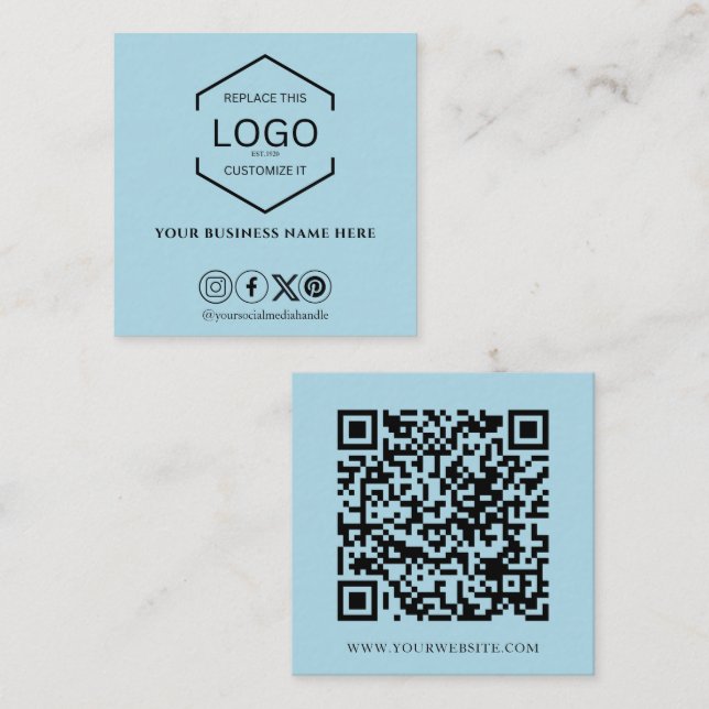 Moderner Minimal Social Media QR Code Light Blue Quadratische Visitenkarte (Vorne/Hinten)
