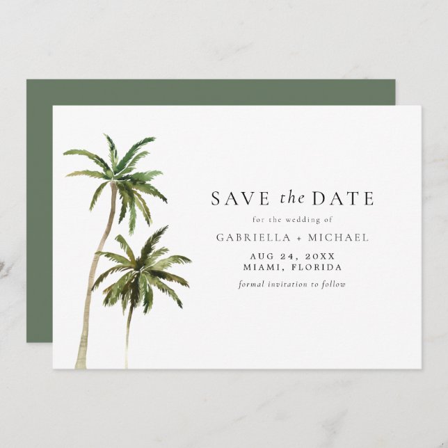 Moderner Minimal Tropical Beach Palm Save the Date Einladung (Vorne/Hinten)