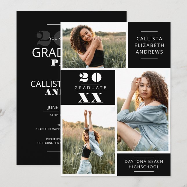 Moderner Minimal White Black Foto Grid Abschluss Einladung (Vorne/Hinten)