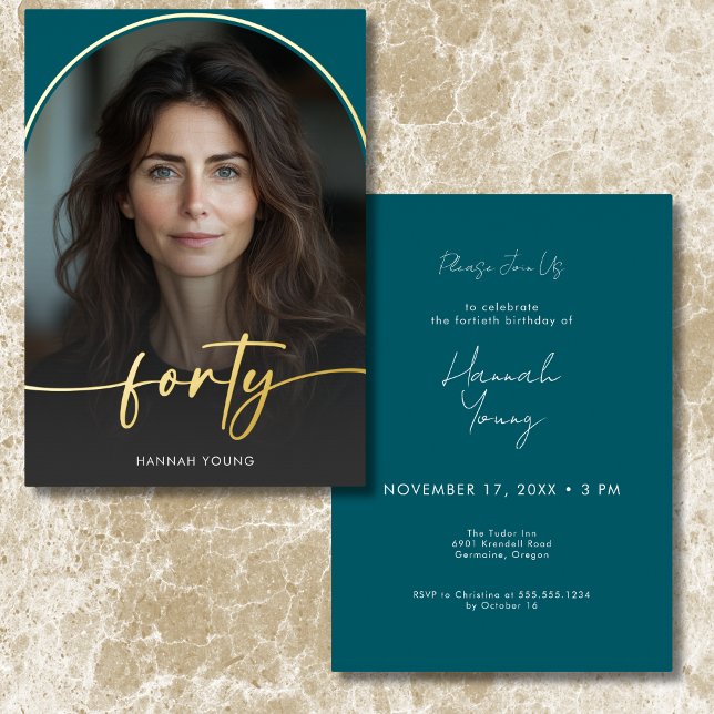 Moderner Minimaler Aquamariner Bogen Folieneinladung (Modern Minimal Teal Arch Fortieth Birthday Foil Invitation)