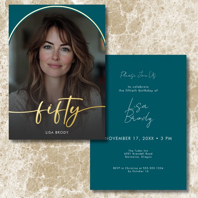 Moderner Minimaler Aquamariner Bogen Fünfzigjährig Folieneinladung (Modern Minimal Teal Arch Fiftieth Birthday Foil Invitation)