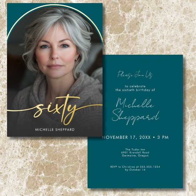 Moderner Minimaler Aquamariner Bogen Sechzigste Ge Folieneinladung (Modern Minimal Teal Arch Sixtieth Birthday Foil Invitation)