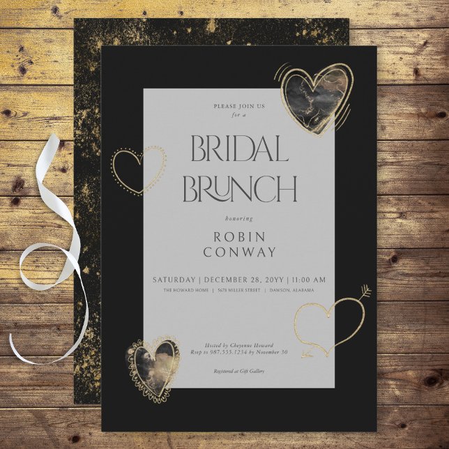 Moderner Minimaler Black & Gold Hearts Bridal Brun Einladung (Modern Minimal Black & Gold Hearts Bridal Brunch Invitation)