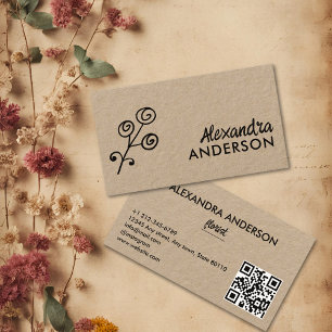 Moderner Minimaler floral Kraft Script QR Code Visitenkarte