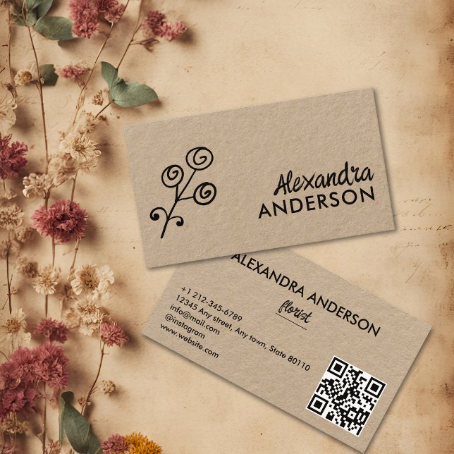 Moderner Minimaler floral Kraft Script QR Code Visitenkarte (Modern Minimal Floral Kraft Script QR Code Business Card)