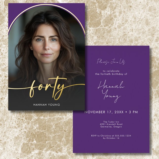 Moderner Minimaler Lila Bogen Folieneinladung (Modern Minimal Purple Arch Fortieth Birthday Foil Invitation)
