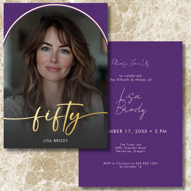 Moderner Minimaler Lila Bogen Fünfzigjähriger Folieneinladung (Modern Minimal Purple Arch Fiftieth Birthday Foil Invitation)
