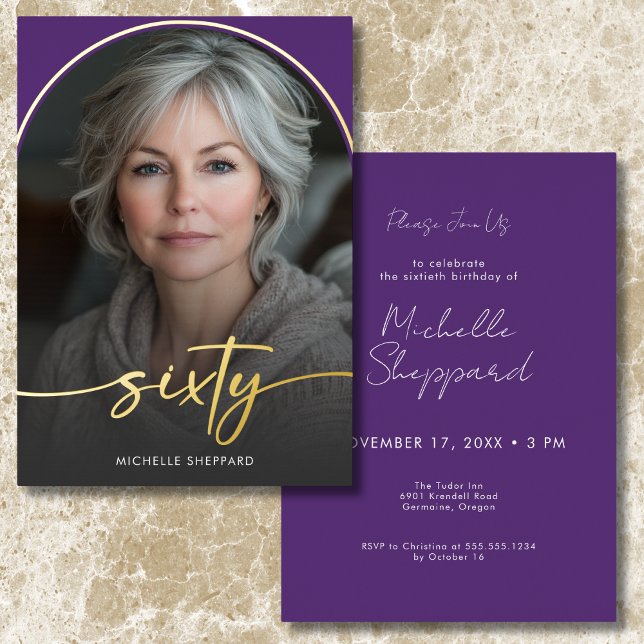 Moderner Minimaler Lila Bogen Sechzigste Geburtsta Folieneinladung (Modern Minimal Purple Arch Sixtieth Birthday Foil Invitation)