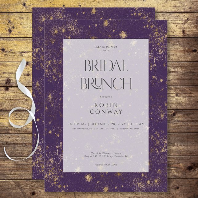 Moderner Minimaler Lila & Gold Glitzer Bridal Brun Einladung (Modern Minimal Purple & Gold Glitter Bridal Brunch Invitation)