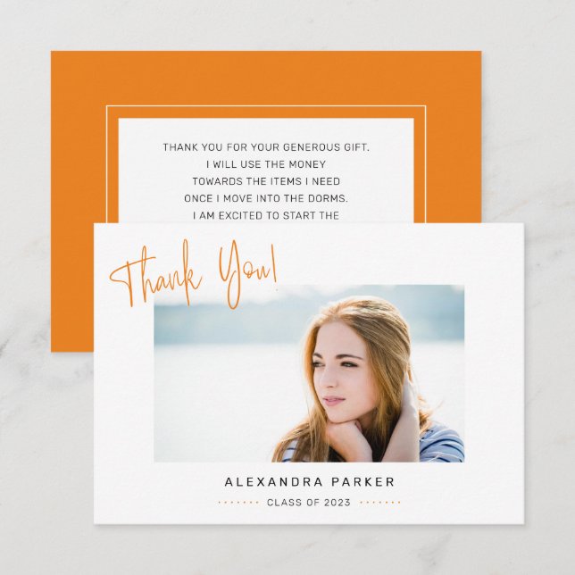 Moderner Minimaler Orange Handwriting-Abschluss Dankeskarte (Vorne/Hinten)