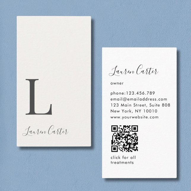 Moderner Minimaler QR-Code für Monogramm leichte B Visitenkarte (Modern Minimal Monogram Light Beige QR Code Business Card)
