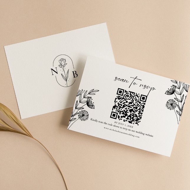 Moderner Minimaler QR-Code für Schwarz-weiße Blume RSVP Karte (Von Creator hochgeladen)