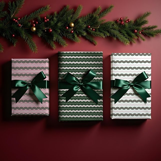 Moderner minimaler Retro-Wavy Green & Pink Stripe Geschenkpapier Set (Modern Minimal Retro Wavy Green & Pink Stripe Wrapping Paper Sheets)