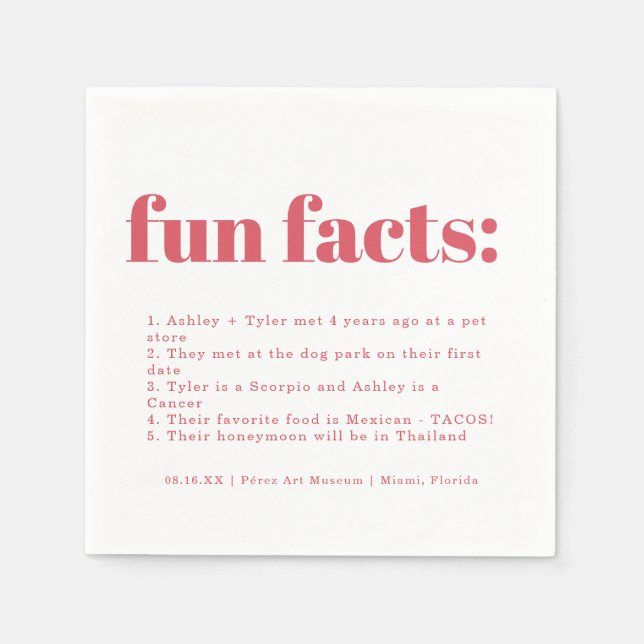 Moderner Minimaler rosa Punch | Fun Facts Wedding Serviette (Vorderseite)