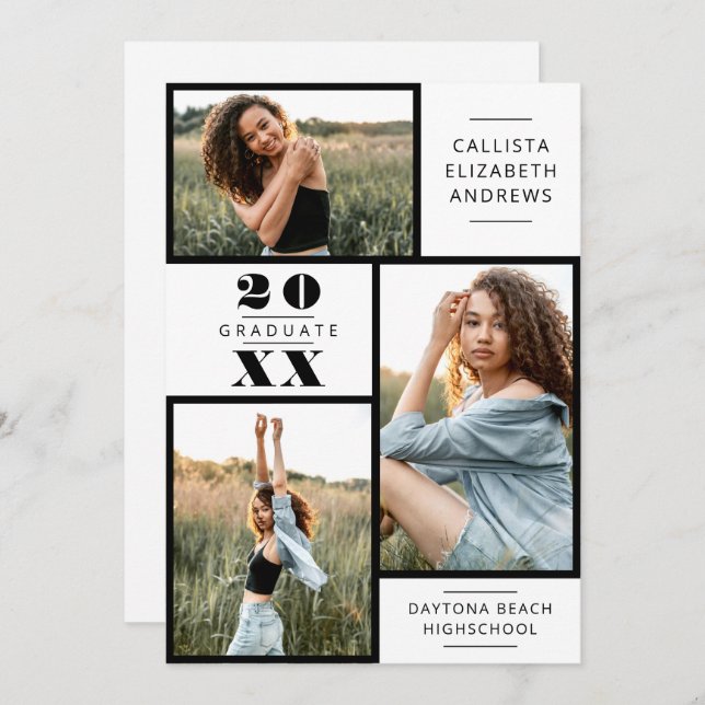 Moderner Minimaler Schwarz-weißer Foto Grid Abschl Einladung (Vorne/Hinten)