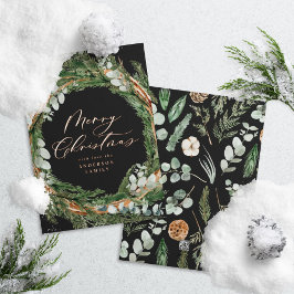 Moderner minimaler schwarzer Wasserfarbenkranz Wei Folien Feiertagskarte