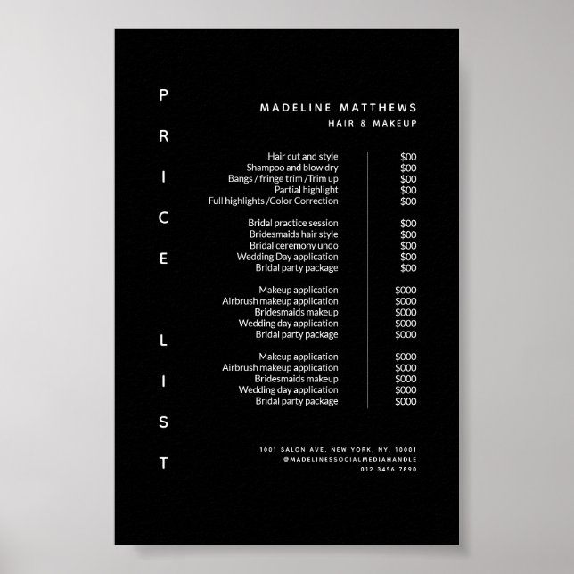 Moderner Minimalistischer Black Salon Preis List S Poster (Vorne)