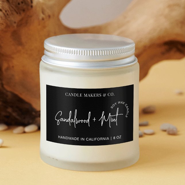 Moderner Minimalistischer Candle Packet Script Sch Rechteckiger Aufkleber (Fully customizable modern black and white large candle jar rectangle labels)