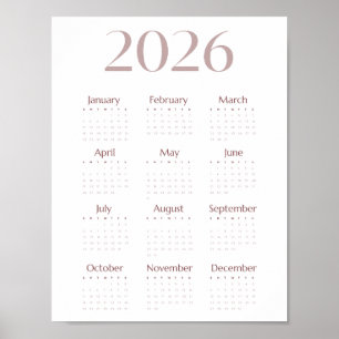 Moderner minimalistischer Einblattkalender 2026 Poster