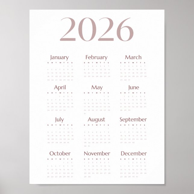 Moderner minimalistischer Einblattkalender 2026 Poster (Vorne)