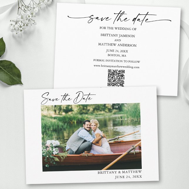 Moderner Minimalistischer Foto-QR-Code Save The Date (Add your wedding website or social media web address to the QR Scan Code.)