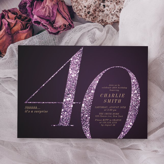 Moderner minimalistischer lila Glitzer 40. Einladung (Modern minimalist purple glitter 40th birthday invitation)