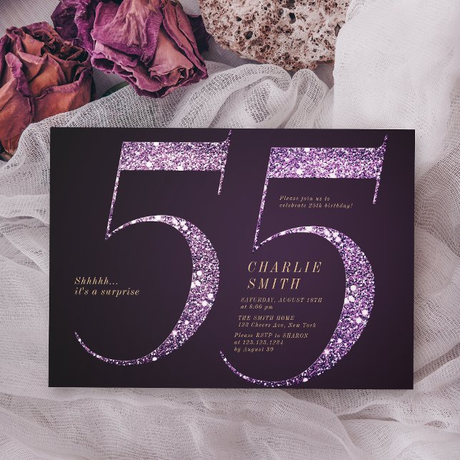 Moderner minimalistischer lila Glitzer 55. Einladung (Modern minimalist purple glitter 55th birthday invitation)