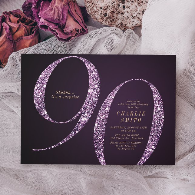 Moderner minimalistischer lila Glitzer 90. Einladung (Modern minimalist purple glitter 90th birthday invitation)