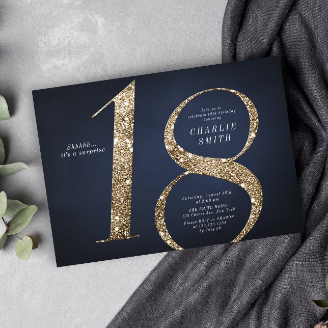Moderner Minimalistischer Marinegoldgold Glitzer 1 Einladung (Modern minimalist navy gold glitter 18th birthday invitation)