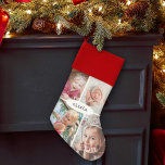 Moderner Minimalistischer Name Einfache FotoCollag Weihnachtsstrumpf<br><div class="desc">Feiern Sie mit einem stilvollen, individuellen 4-Foto-Collage Weihnachts-Strumpf die Urlaubsfreuden. Die Bilder und der Name auf dieser Vorlage sind einfach zu personalisieren. Das moderne, minimalistisch-rote, weiße und schwarze Design besticht durch Vintage Typografie im Schreibmaschinenstil und 4 Familienfotos, Kinder oder Haustierfotos Ihrer Wahl. Dieser einzigartige Sake Xmas Strumpf fügt eine elegante...</div>
