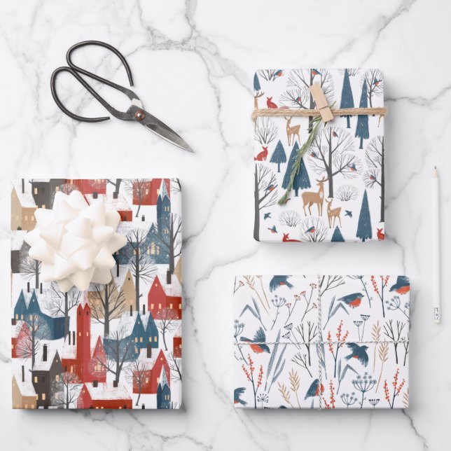 Moderner Minimalistischer Nordic Winter Town Fores Geschenkpapier Set (Vorderseite)
