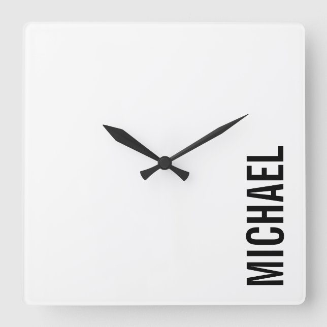 Moderner Minimalistischer Personalisierter Name Quadratische Wanduhr (Vorderseite)
