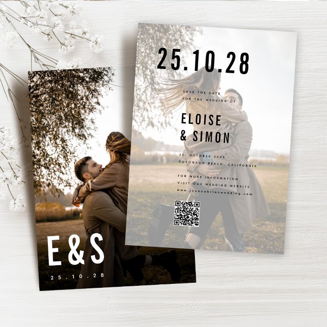 Moderner Minimalistischer QR-Code für Monogramm-Fo Save The Date (Modern Minimalist Big Bold Monogram Photo QR Code classic Save The Date)
