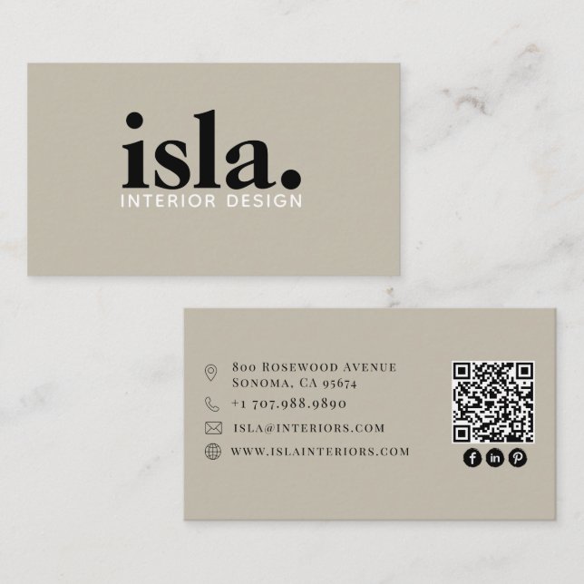 Moderner minimalistischer QR-Code-Inneneinrichter Visitenkarte (Vorne/Hinten)