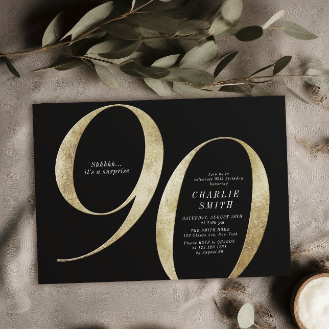 Moderner minimalistischer Schwarz und Gold 90. Geb Einladung (Modern minimalist black and gold 90th birthday invitation)