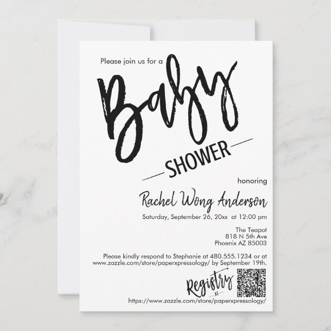 Moderner Minimalistischer Script Baby Dusche QR Co Einladung (Vorderseite)