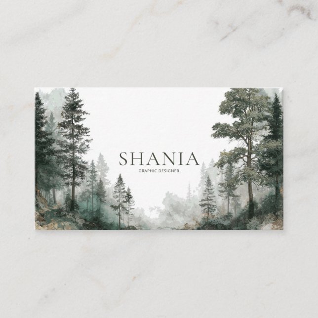 Moderner Minimalistischer Wasserfarbenwald Visitenkarte (Vorderseite)