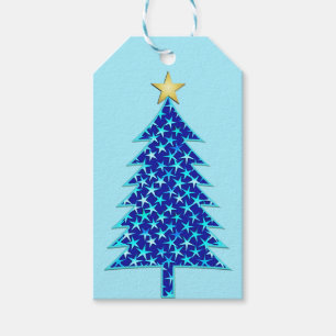 Moderner Minimalistischer Weihnachtsbaum mit blaue Geschenkanhänger
