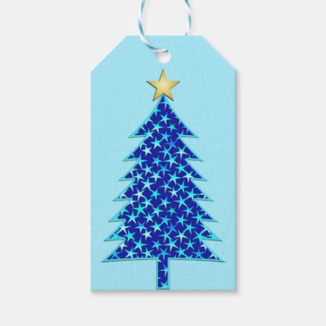 Moderner Minimalistischer Weihnachtsbaum mit blaue Geschenkanhänger (Vorderseite)