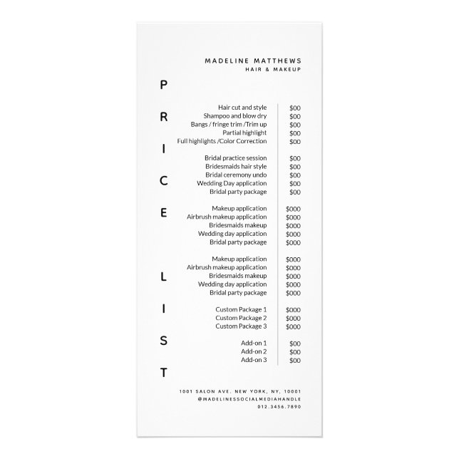 Moderner Minimalistischer Weißsalon-Preislisten-Se Werbekarte (Vorne)