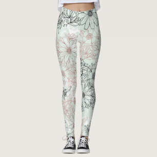 Moderner Minze Schwarze Rose Gold Blumenmarmor Leggings