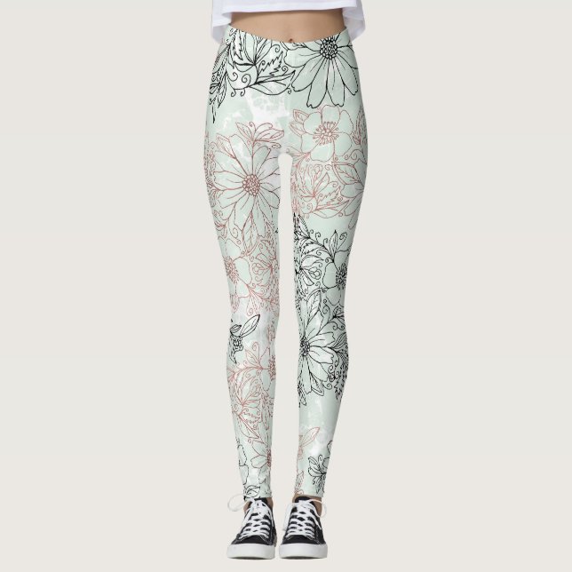 Moderner Minze Schwarze Rose Gold Blumenmarmor Leggings (Vorderseite)