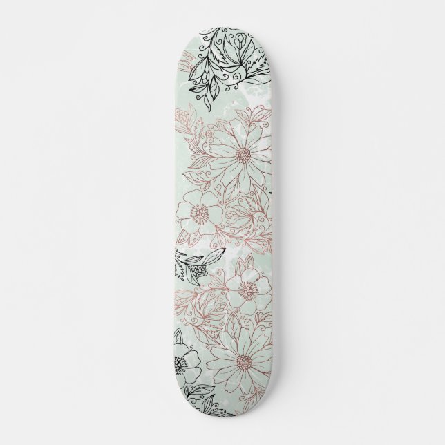 Moderner Minze Schwarze Rose Gold Blumenmarmor Skateboard (Vorne)