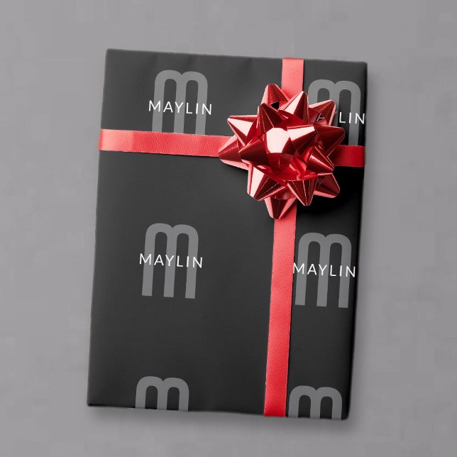 Moderner Mit Monogramm Name | Black Gray White Geschenkpapier (Von Creator hochgeladen)