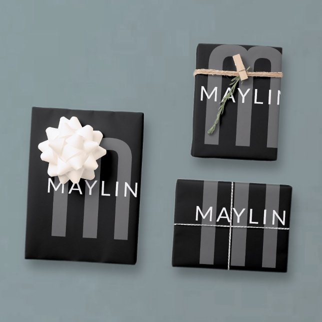 Moderner Mit Monogramm Name | Black Gray White Geschenkpapier Set (Von Creator hochgeladen)