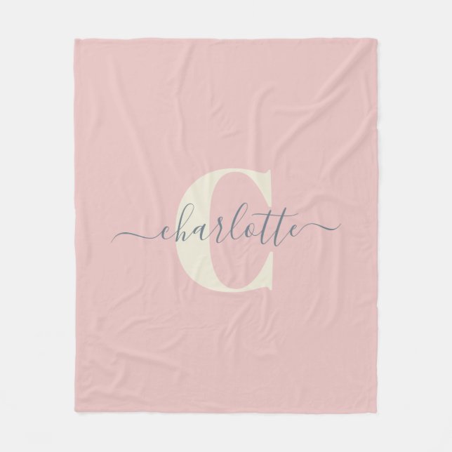 Moderner Mit Monogramm Name Blush Pink Fleecedecke (Vorderseite)