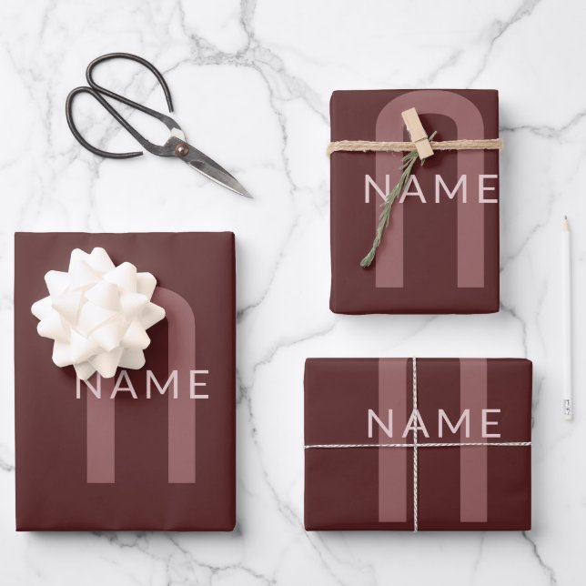 Moderner Mit Monogramm Name | Maroon Red Geschenkpapier Set (Vorderseite)
