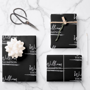 Moderner Mit Monogramm Name Schwarz/Weiß Geschenkpapier Set