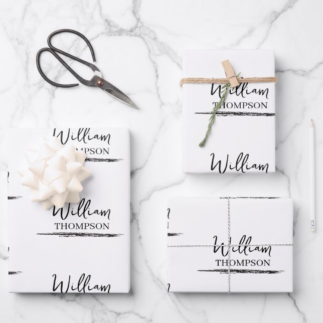 Moderner Mit Monogramm Name Schwarz/Weiß Geschenkpapier Set (Vorderseite)